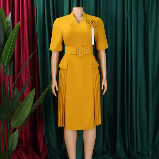 Elegant Party Dresses for Women V Neck Short Sleeve Belt Waisted Pleated Mid Calf Fashion Ladies Birthday Dinner Night Wear Robe