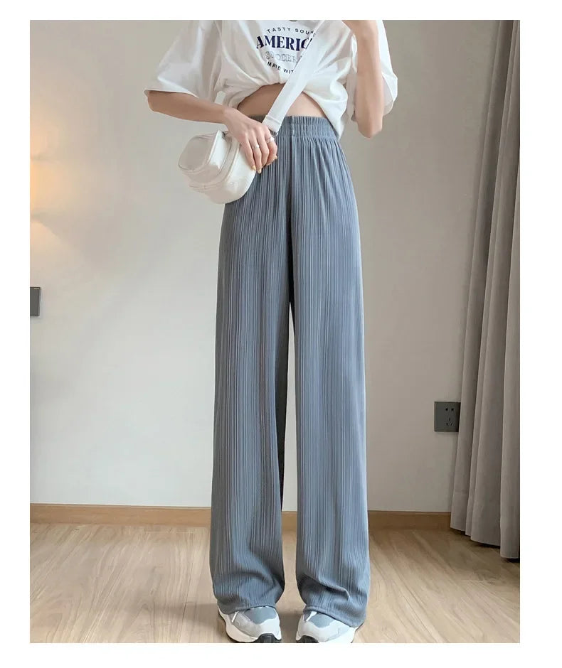 Korea Dongdaemun Ice Silk Wide-leg Pants Women's Thin Slimming Floor Pants White Striped Pants Y2K Fashion Pants Baggy