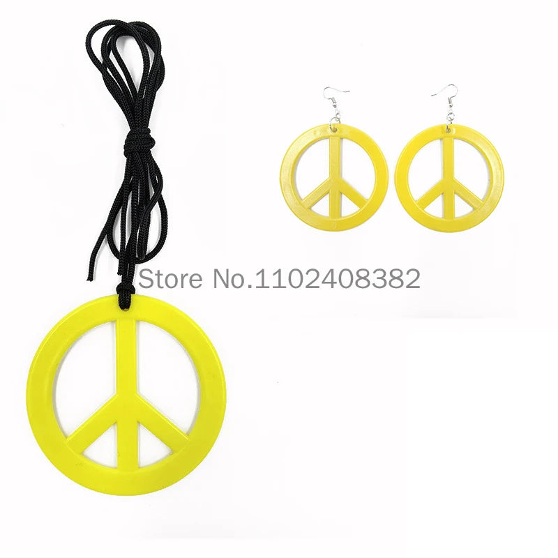 Women 70s 80s Hippie Cosplay Accessories Halloween Party Props Daisy Headband Sunglasses Peace Necklace Hippie Custome wearing