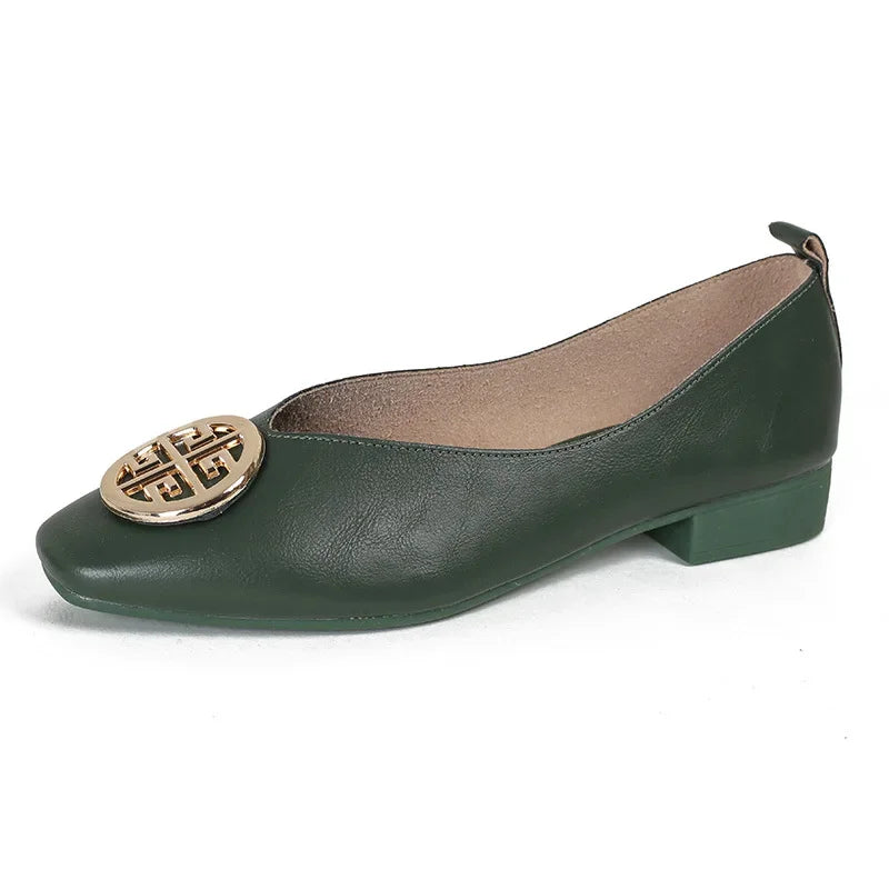 Women's square toe low heels solid color retro Casual flat shoes