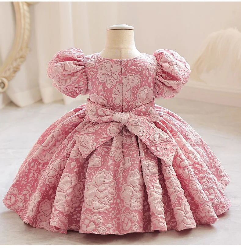 New Bubble Sleeve Girl's First Year Dress Wedding Flower Girl's Birthday Dress Bowknot Sweet Lovely Puffy Dress