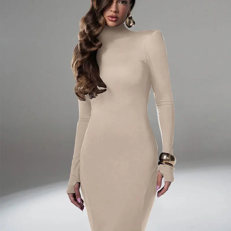 Women's Dresses Autumn Winter New Sexy Solid Backless Elegant Dress Streetwear Fashion Casual Slim Turtleneck Long Sleeves Dress