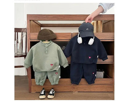 2024 Winter New Baby Boys Fleece Sweatshirt + Sweat Pants 2pcs Suit Infant Plus Velvet Thick Clothes Set Toddler Warm Outfits