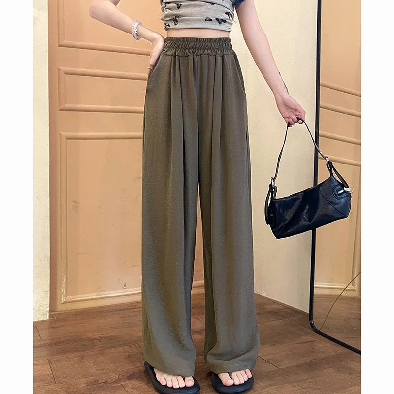 Summer Women Sweet Colorful Ice Silk Pants Lady Baggy Versatile Elastic Straight Leg Trousers Female Wide Leg High Waisted Pants
