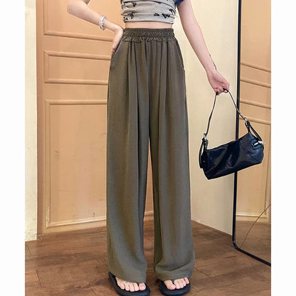 Summer Women Sweet Colorful Ice Silk Pants Lady Baggy Versatile Elastic Straight Leg Trousers Female Wide Leg High Waisted Pants