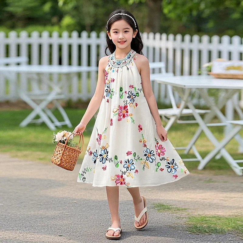 Girls Sequin Floral Collar Princess Dress Summer Fashion Flowers Print Girls Clothes Round Neck Solid Color Kids Costume