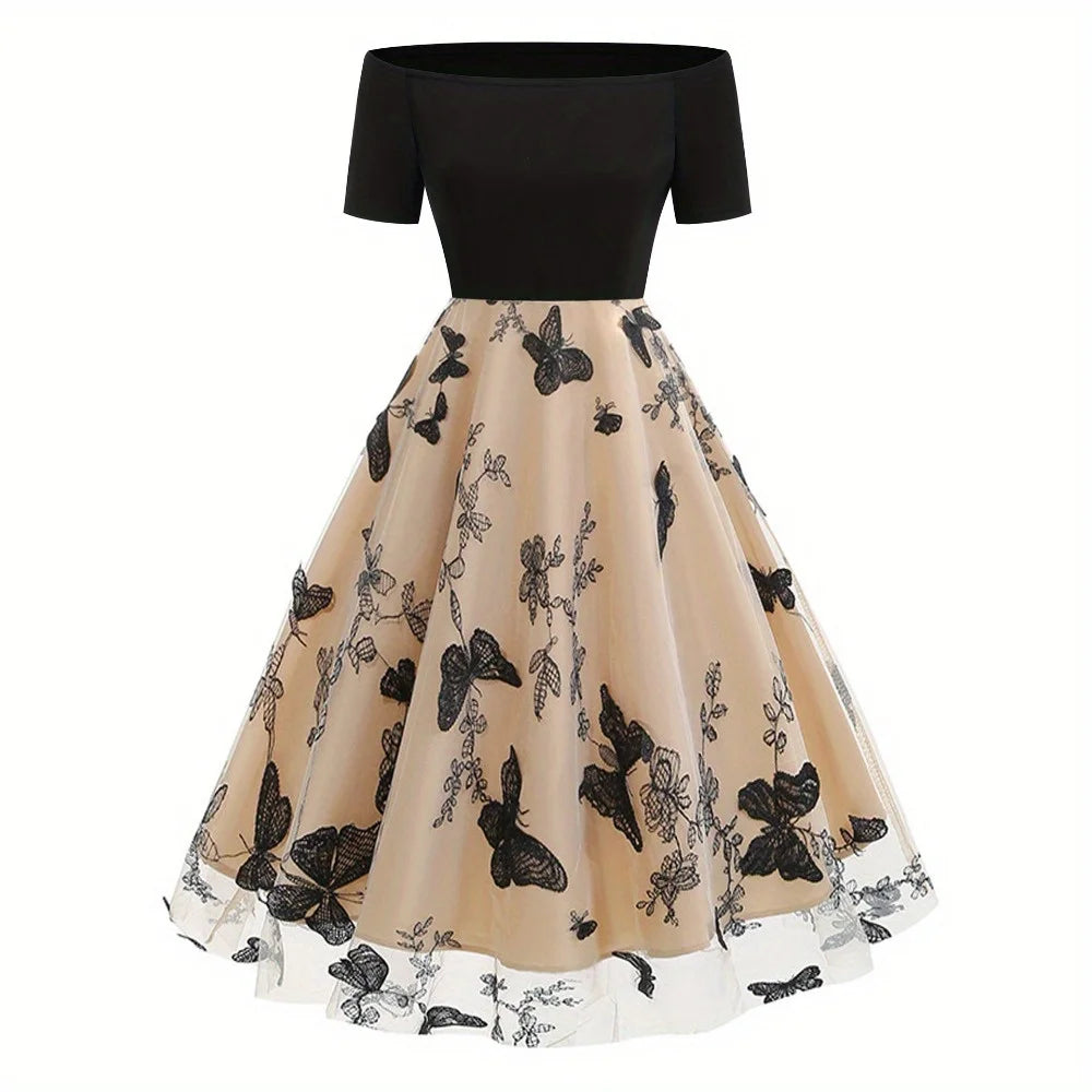 New Fall & Winter Western Retro Off-the-Shoulder Dress - Tulle Paneled Evening Gown