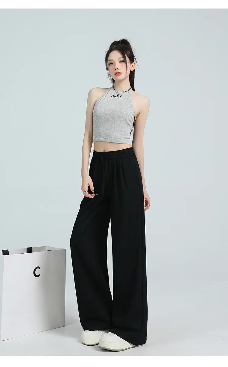 White Ice Silk Wide Leg Pants Women's Summer Thin High Waist Slimming Casual Versatile Elastic Waist Draped Straight Leg Trouser