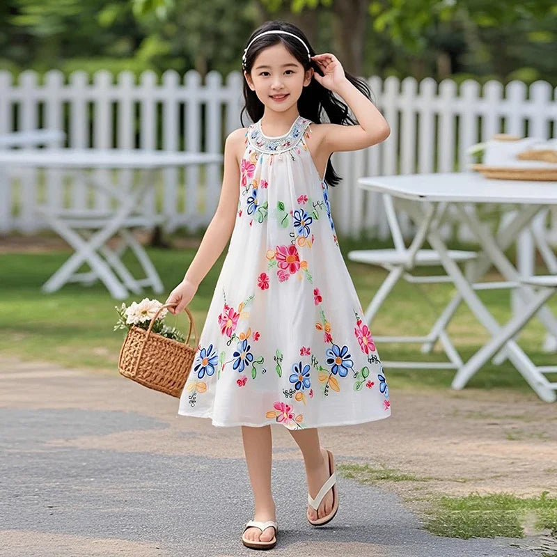 Girls Sequin Floral Collar Princess Dress Summer Fashion Flowers Print Girls Clothes Round Neck Solid Color Kids Costume