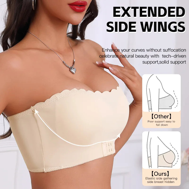 Women's Strapless Front Closure Bra Wireless Bandeau Non-slip Underwear Wavy Edge Chest Wraps Padded Push Up Tube Top Bralette