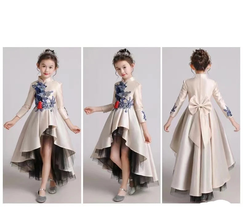 Girls' Fashion Evening Dress Children's Chinese Style Host Piano Performance Costume Dress Kids' Stand up Embroidered SkirtLI852