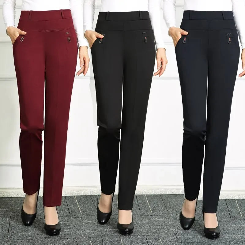 High Waist Loose Fit Elastic Mom Pants Women's Casual Trousers Spring Autumn Long Pants for Elderly Ladies Straight Leg