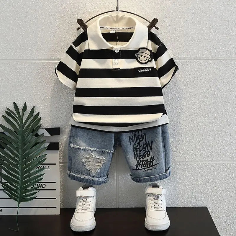 Boys  Summer Outfit T-Shirt and Jeans Korean Polo Fashion  Casual Clothing Korean Reviews Top Toddler Kids Clothes Sets