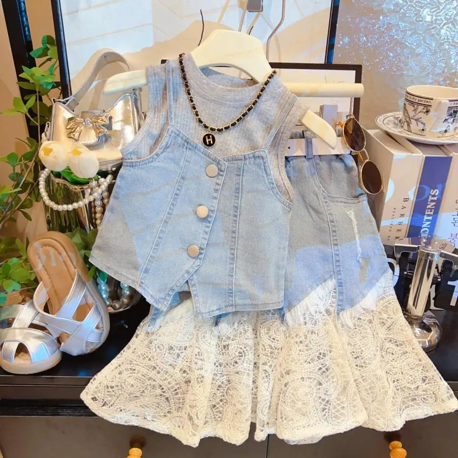Girls' Summer Clothing Korean Version Denim Skirt New Style Children's Stylish Half Skirt Fashionable Three Piece Set