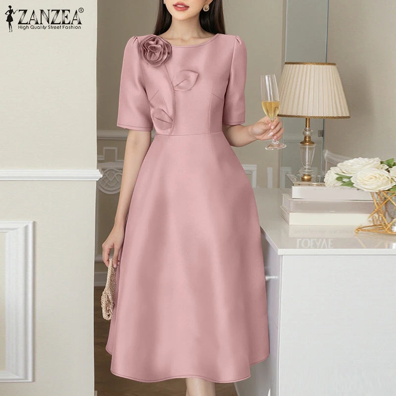 ZANZEA Elegant Woman Party Dresses Shiny Satin Round Neck Short Sleeve Fabric Flower A-line Robes Femme Fashion Midi Vestidos