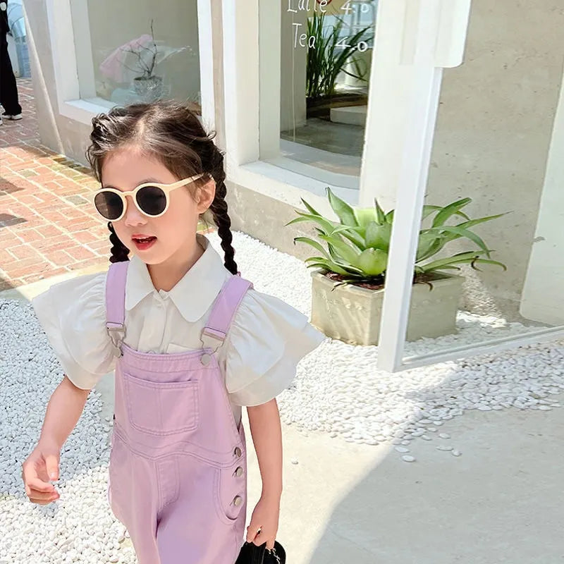 Baby Girl Denim Overalls Pant Pocket Fly Sleeve Shirt Toddler Teen Child Suspender Trousers Kid Dungaree Baby Clothes 3-14Y