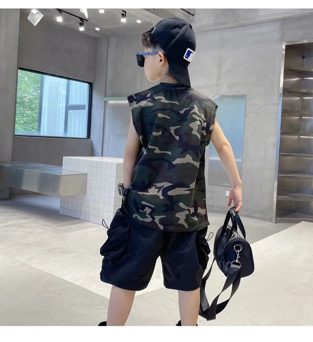 Boys Camouflage Vest Set Summer New Style Children's Sleeveless T-shirt Shorts Two Piece Set