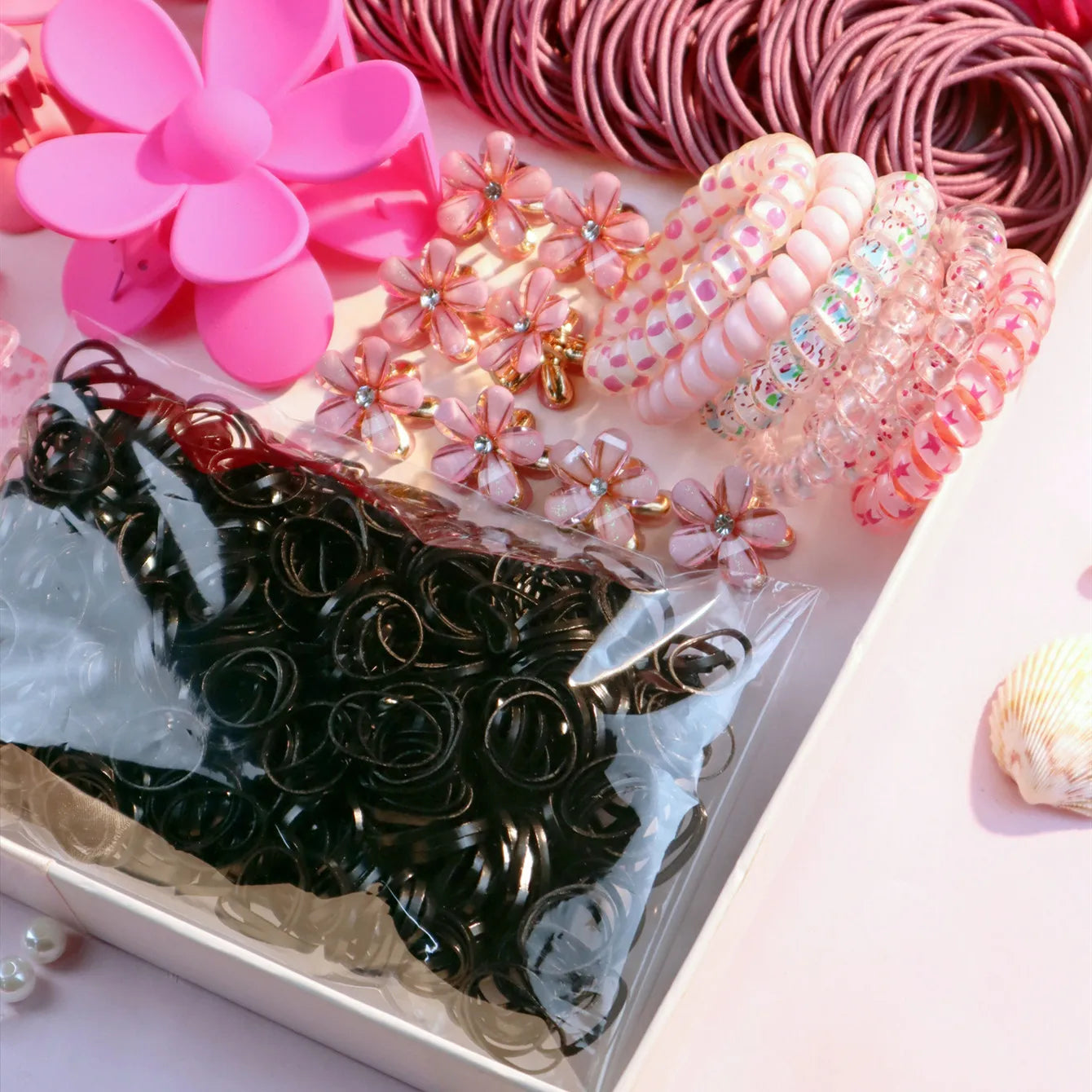 Fashionable Pink Hair Accessories Set for Women, Seamless Ponytail Holders Variety Hair Scrunchies For Women Lady 2024