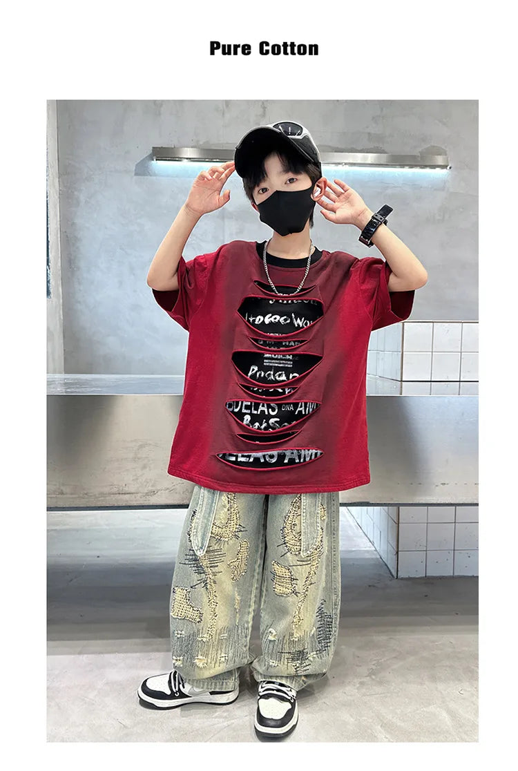 Korean Boy Luxury Hip Hop y2k Baggy Ripped Jeans Kids High Street Fashion Hiphop Rap Dance Denim Pants Child Performance Trouser