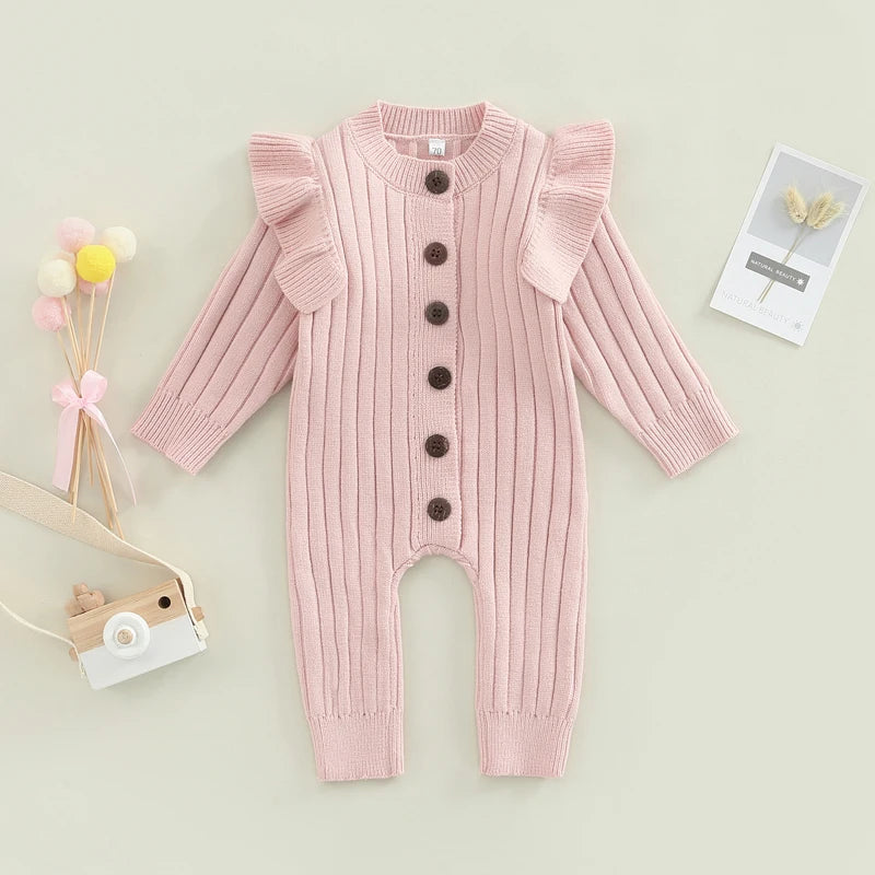 New  Winter Baby Girl’s Knitted Long Sleeve Sweater Jumpsuit Fashion Solid Color Round Neck Ruffles Button Warm Romper Outfits (Available)