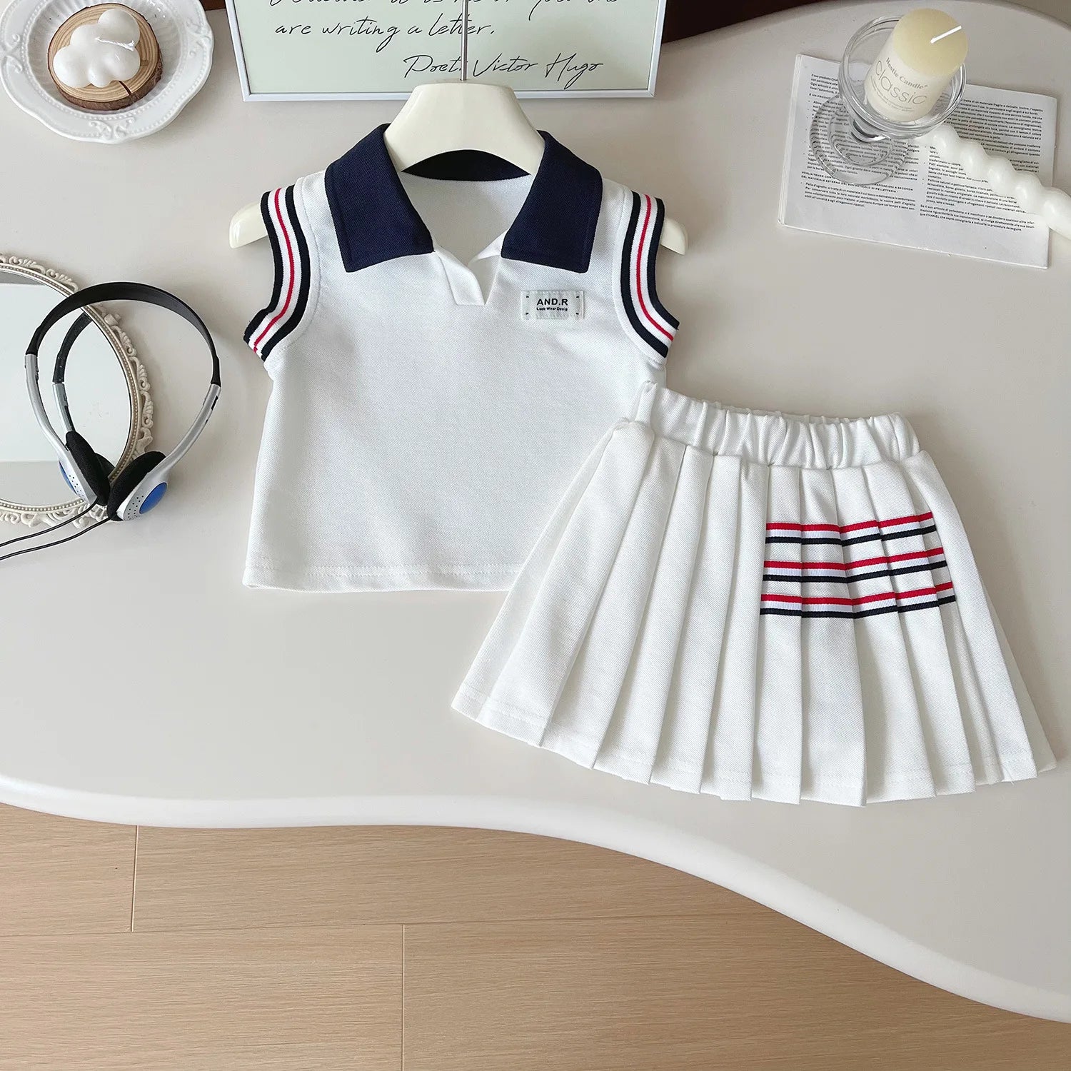 Baby Girl College Style Summer 2PCS Clothes Set Polo Collar Kid Girl Vest Top Set Thin Stylish Stripe Pleated Skirt Belle Outfit