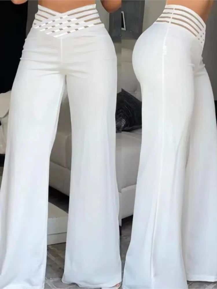 Women Wide Leg Flared Pants  Spring Casual Crisscross Sheer Mesh Patch High Waist Trousers Y2k Streetwear Elegant Work Pant