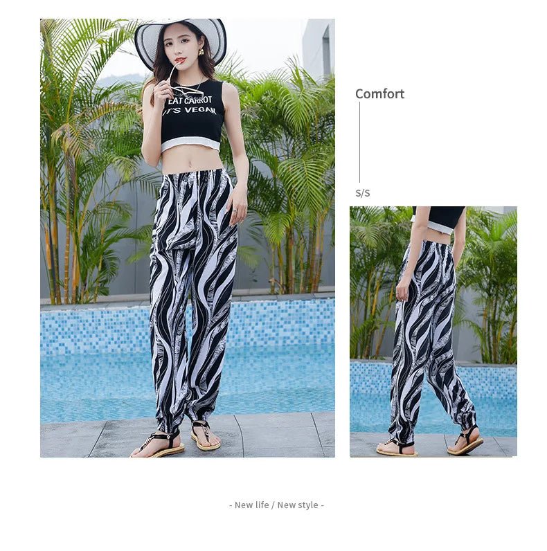 Women's Mosquito-proof Cotton Silk Beach Summer Casual Flower Pants Artificial Cotton Summer Sleeping Pants Thin Adult Bloomers