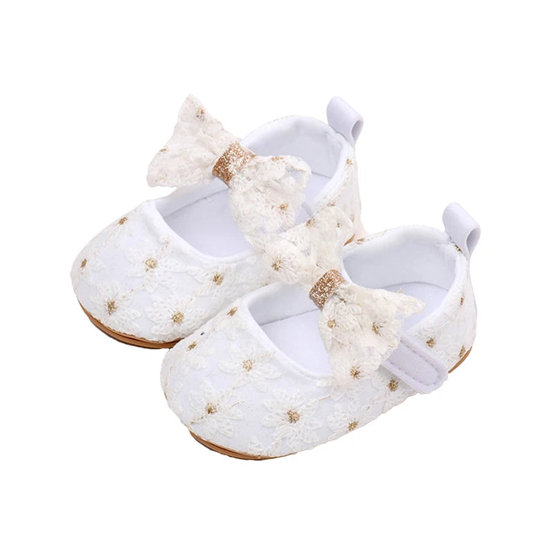 Newborn Baby Girls Mary Jane Flats Cute Bowknot Wedding Dress Shoes Non-Slip First Walkers Embroidery Flower Soft Shoes