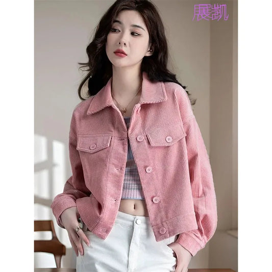 Spring and Autumn Seasons New Versatile Corduroy Shirt Women's Design Feeling Small and Unique Short Coat Women's Top Pink Retro