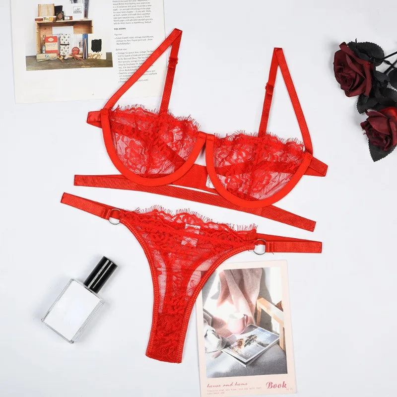 Sexy Lingerie Woman Lace Transparent Underwear Fairy Embroidery Brief Sets Delicate Bra Kit Push Up Breves Sets Thin Erotic Bras
