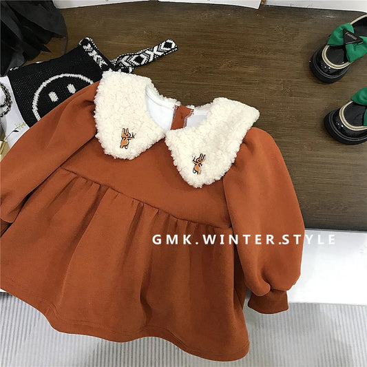 Winter Little Girl Dress Cotton Plus Velvet Thick Infant Baby Girl Vestido Loose Animal Turn Down Collar Kid Girl Princess Dress