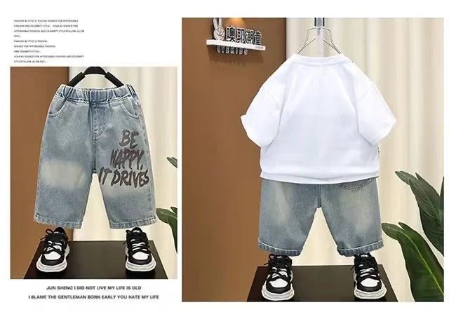 Boys Summer Clothing Set New Handsome Children's Short Sleeved Clothes Trendy Baby T-shirt Jeans Thin Two-piece Set