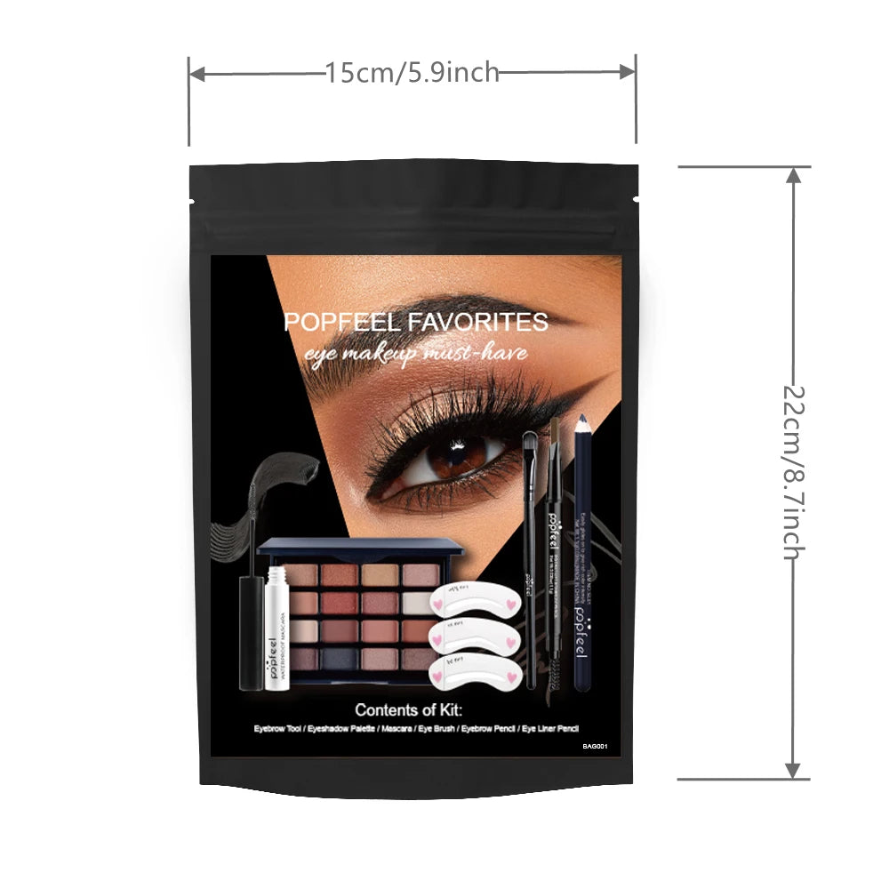 POPFEEL 6-Piece Eye Makeup Set-with 16 Color Eyeshadow Palette, Mascara, Eyebrow Pencil, Eyeliner, Brush,and Eyebrow Stencils .