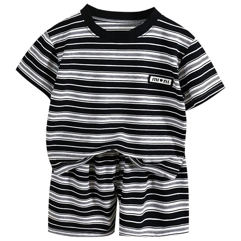 Children's short-sleeve stripe set, boys' black and white striped summer clothes, boy baby outwear short-sleeve shirt + shorts 2
