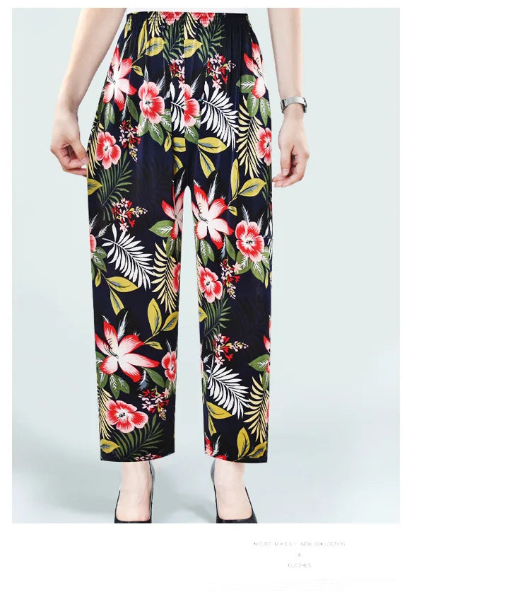 Summer Ladies Ice Silk Loose Casual Home Pants Elastic plus Size Mom Square Sports High Waist Straight Leg Length Nine Points