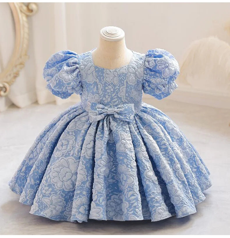 New Bubble Sleeve Girl's First Year Dress Wedding Flower Girl's Birthday Dress Bowknot Sweet Lovely Puffy Dress