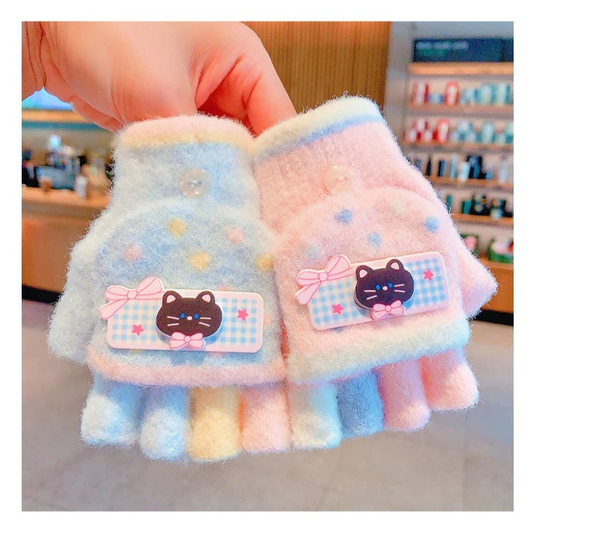 Winter Plush Knitted Cartoon Rabbit Flexible Flip-top Gloves Thicken Warm Cute Gloves For Baby Girls Half Finger Children Gloves