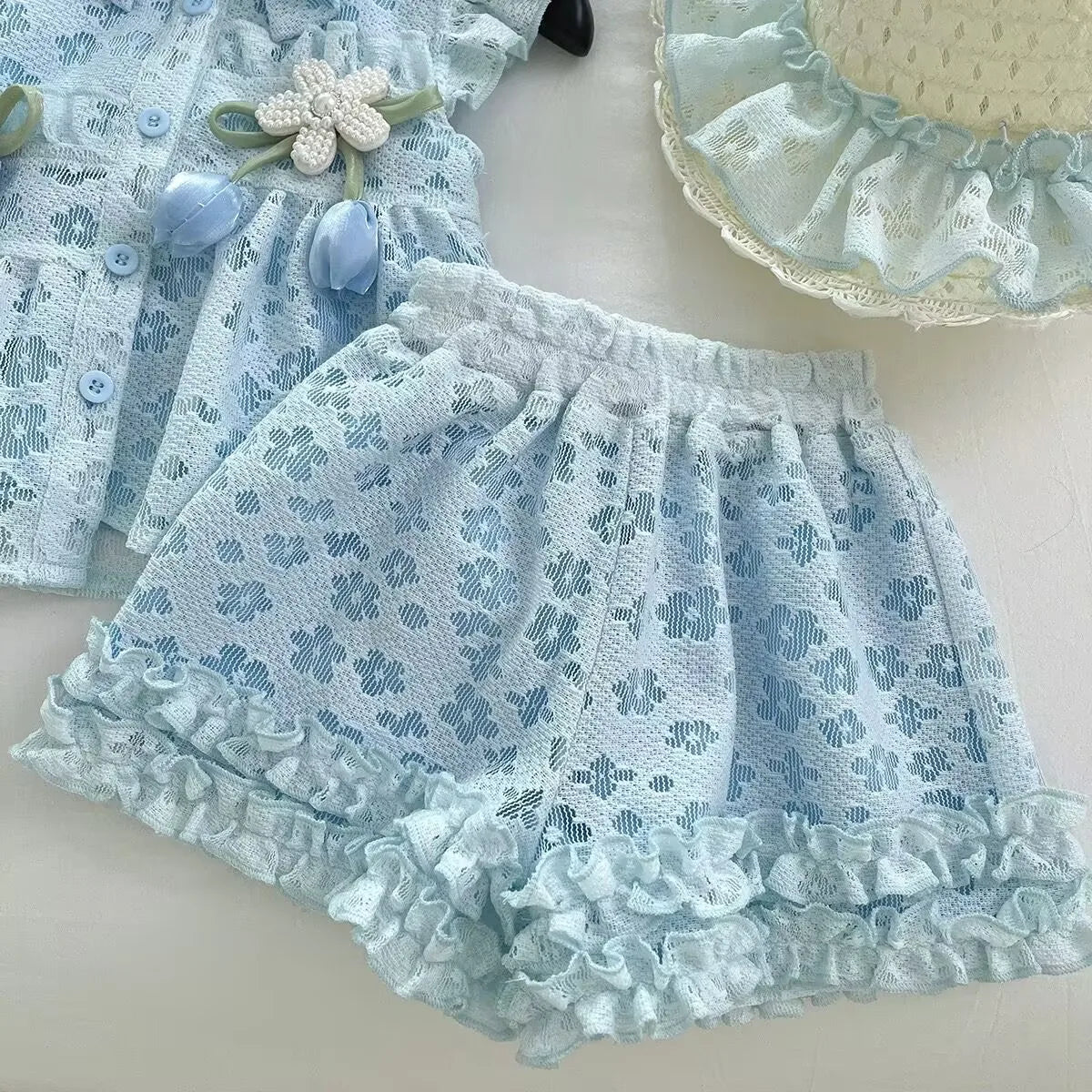 Summer Girls' Suit New Lace Flower Vest Top Lace Shorts Pants Girl Baby Princess Kids Fashion Two Piece Set