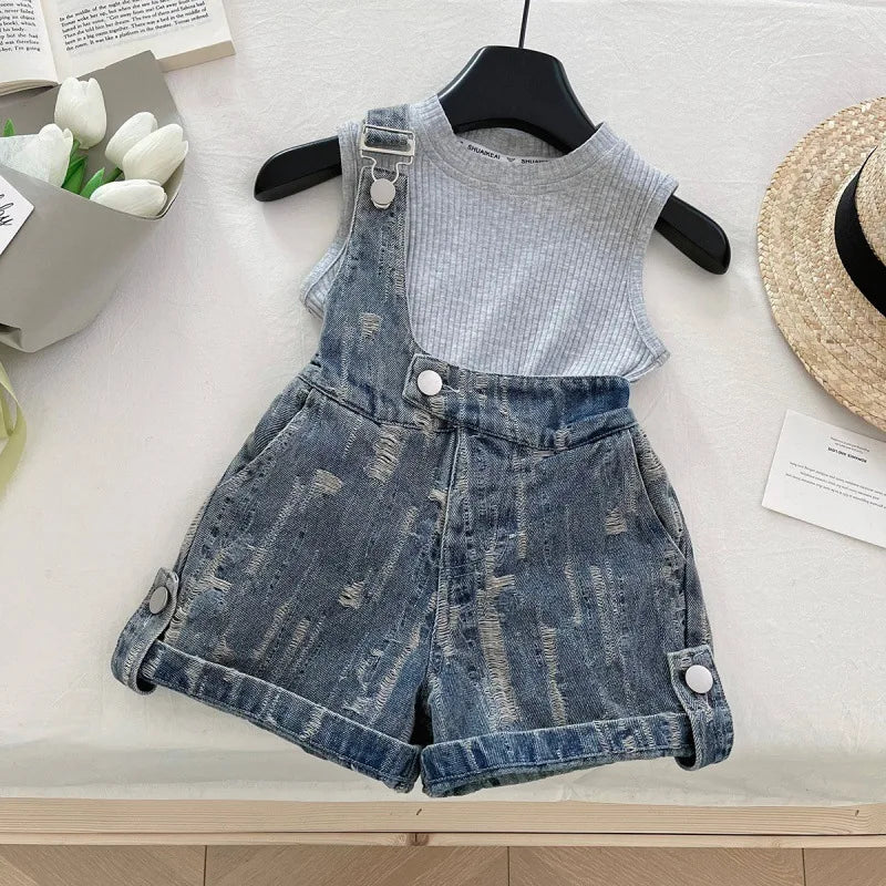 Girls' Clothing Set Sleeveless Top+printed Denim Shorts Two-piece Set for Girls Fashion Suits