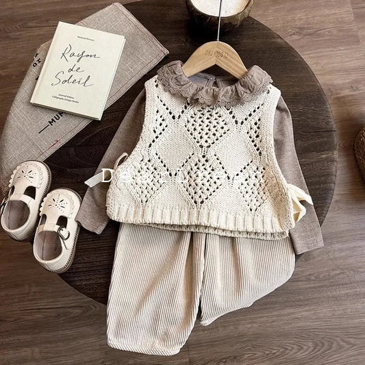Girls autumn cut-out knitted vest pants three-piece set of cute ins korean jacket sweater for kids