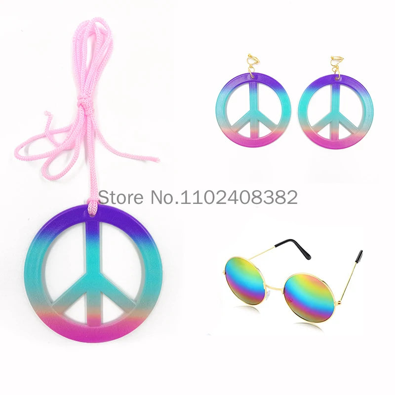 Women 70s 80s Hippie Cosplay Accessories Halloween Party Props Daisy Headband Sunglasses Peace Necklace Hippie Custome wearing