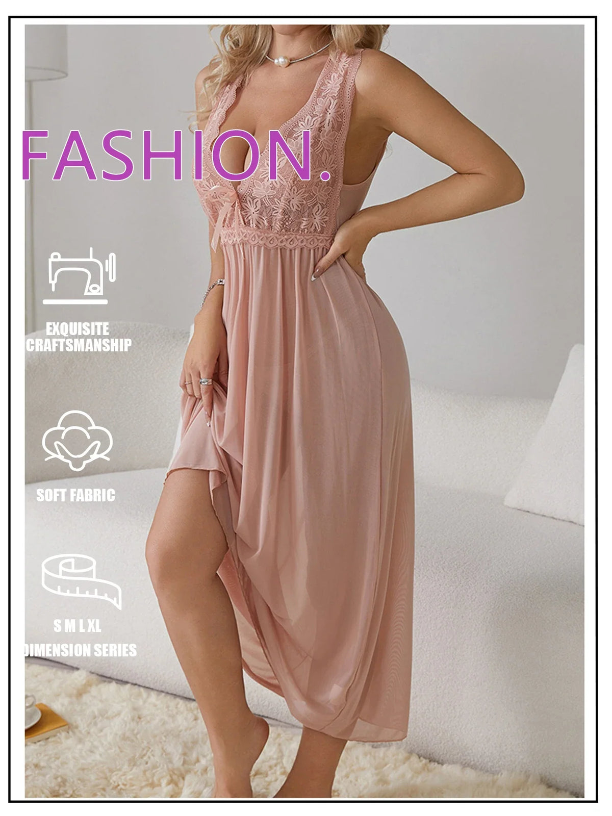 Sexy Women Lingerie Dress Set Lace Splicing Mesh Long Deep V Backless Nightgown Set Homewear All Season