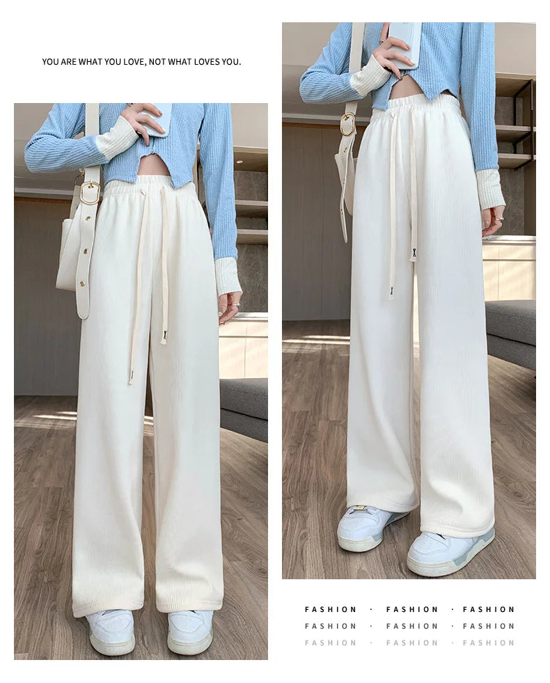 Women Wide Leg Corduroy Pants Autumn Winter Women Basic Elastic Waist Stright Long Pants Casual Female Long Pants Trousers