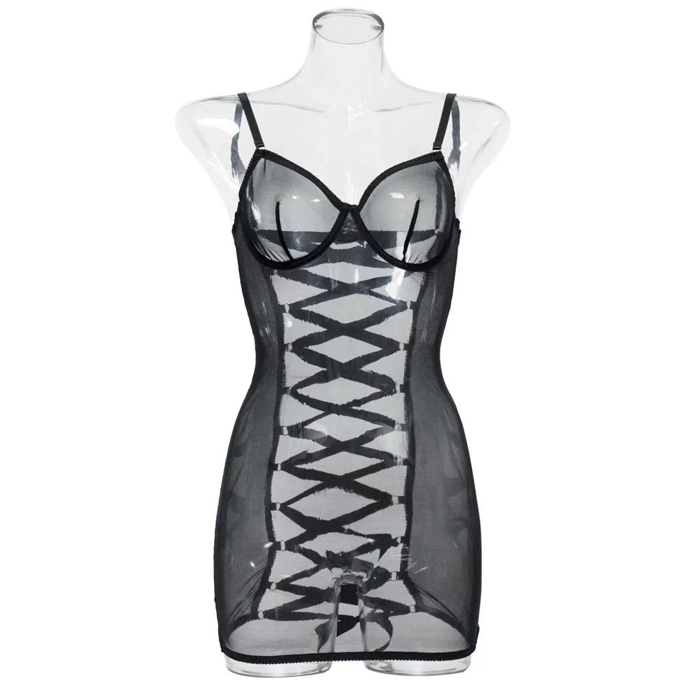Sexy Sheer Lace Babydoll Open Crotch Lingerie Transparent Backless Night Dress Erotic Costume Exotic Women Underwear