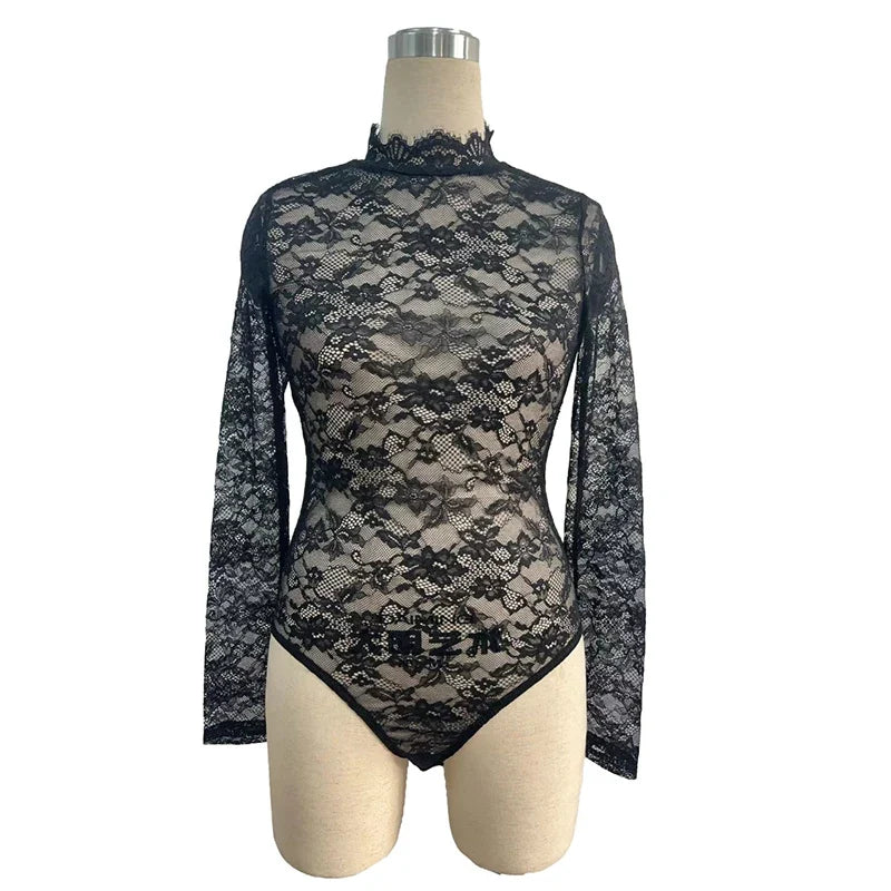 Sexy Lace Bodysuits For Women Fashion Clubwear Long Sleeve Slim See Through Romper Female Jumpsuit Lady Playsuit White Shirt
