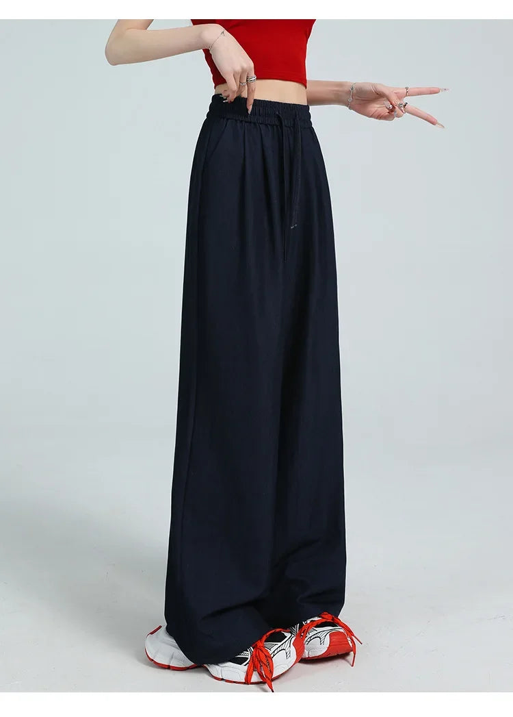 White Ice Silk Wide Leg Pants Women's Summer Thin High Waist Slimming Casual Versatile Elastic Waist Draped Straight Leg Trouser