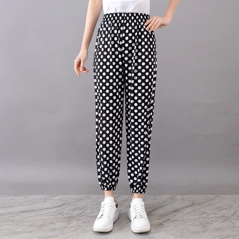 High Waist Floral Pants Straight Leg Home Leisure Women's plus Size High Elasticity Air Conditioning Pants Casual Trousers