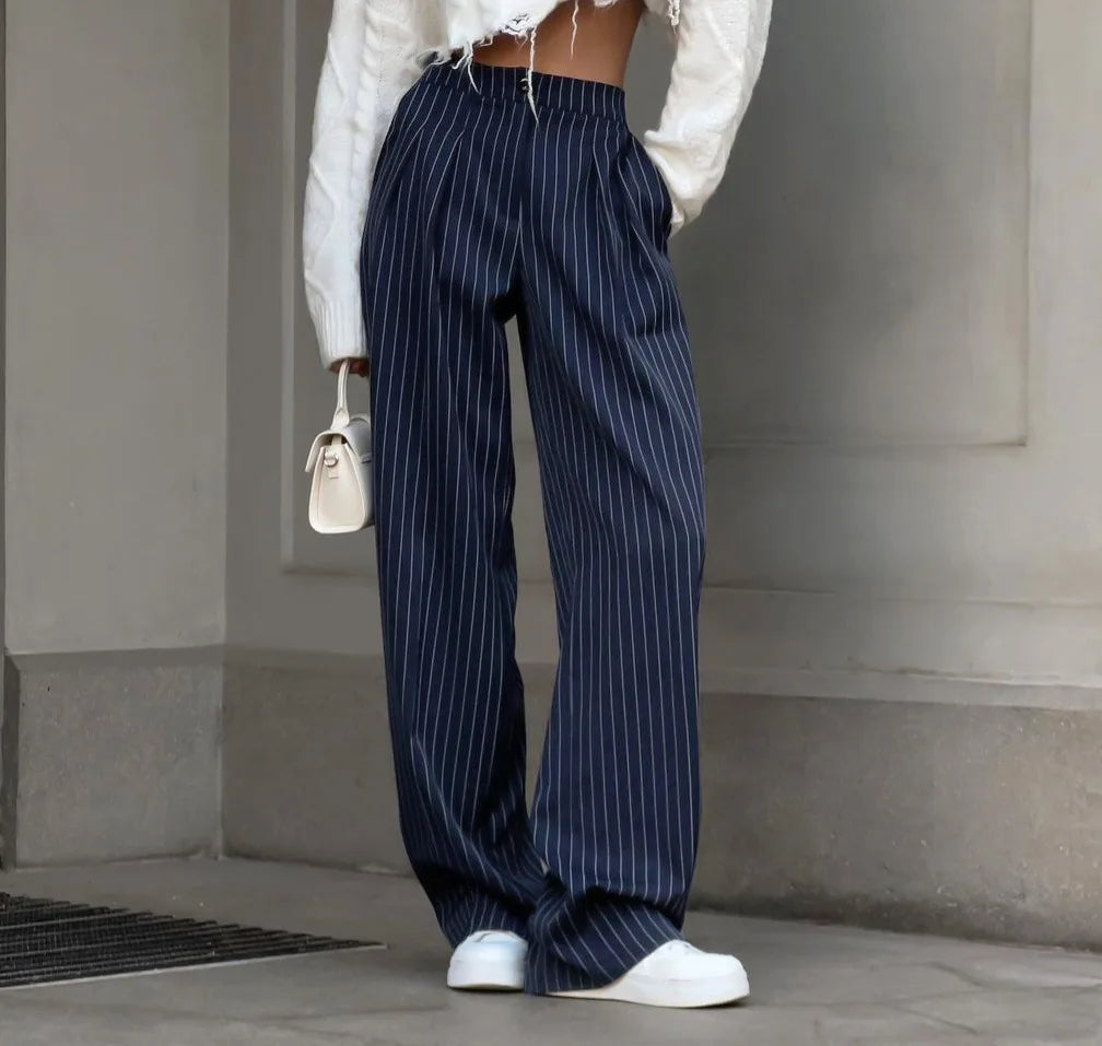 High Waisted Straight Leg Wide Leg Pants For Women's Clothing  Autumn/Winter New Navy Striped Fashionable Casual Pants