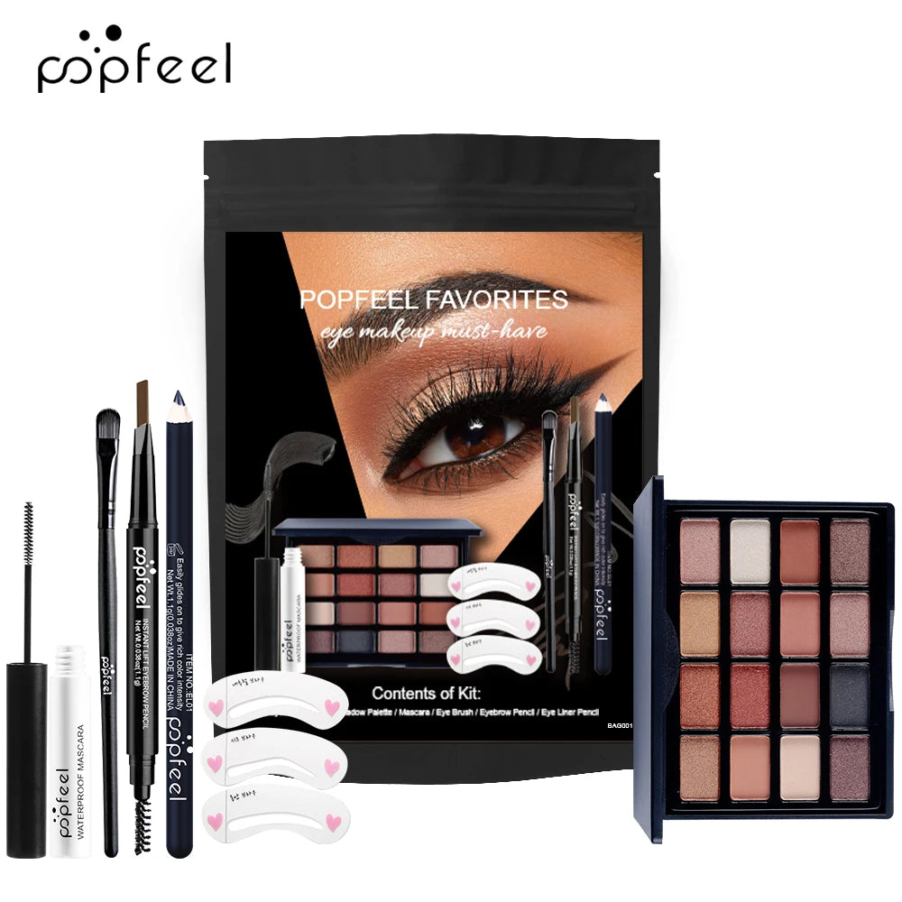 POPFEEL 6-Piece Eye Makeup Set-with 16 Color Eyeshadow Palette, Mascara, Eyebrow Pencil, Eyeliner, Brush,and Eyebrow Stencils .