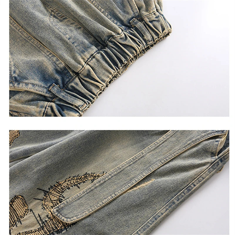Korean Boy Luxury Hip Hop y2k Baggy Ripped Jeans Kids High Street Fashion Hiphop Rap Dance Denim Pants Child Performance Trouser